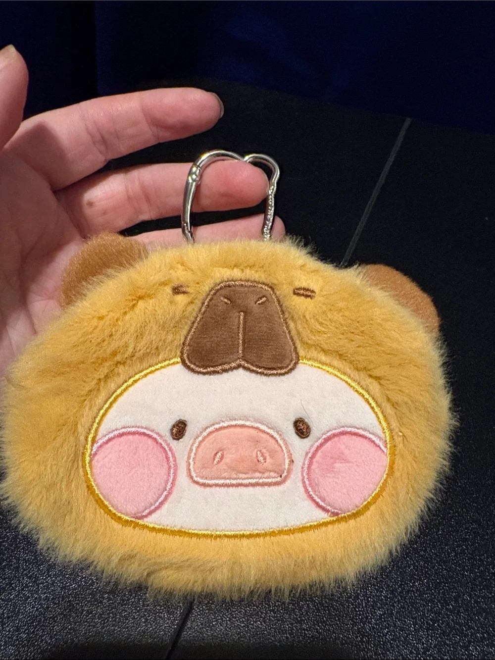 Cute Fuzzy Pig Keychain Pouch in Mustard Yellow and Pink